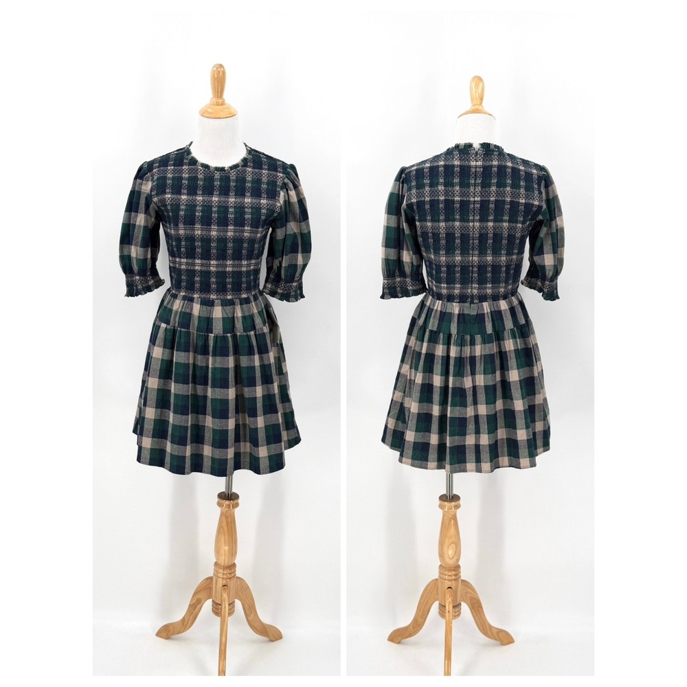 BOHME Emmett Plaid Mini Dress Women Medium Navy Green Smocked Puff Sleeve Tiered - Picture 3 of 16